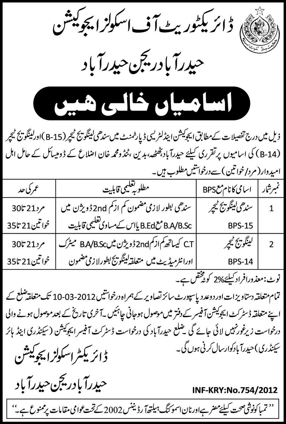 Directorate of Schools Education Hyderabad Region, Hyderabad Required Teachers