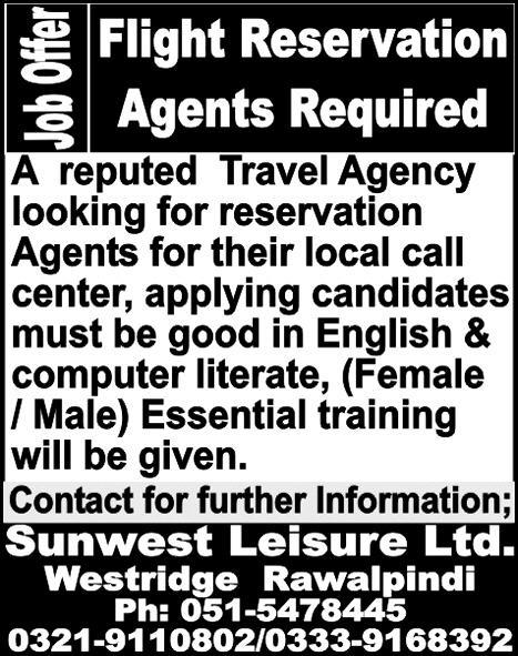 Sunwest Leisure Ltd. Rawalpindi Required Flight Reservation Agents