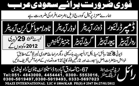 Operators, Driver and Technician Required for Saudi Arabia