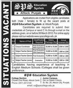 SPS Education System, Attock, Punjab Required Teachers and Campus Coordinator