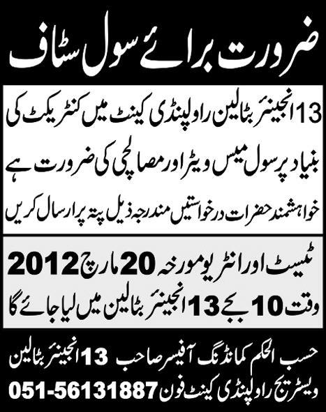 13 Engineer Battalion Rawalpindi Required Civil Staff