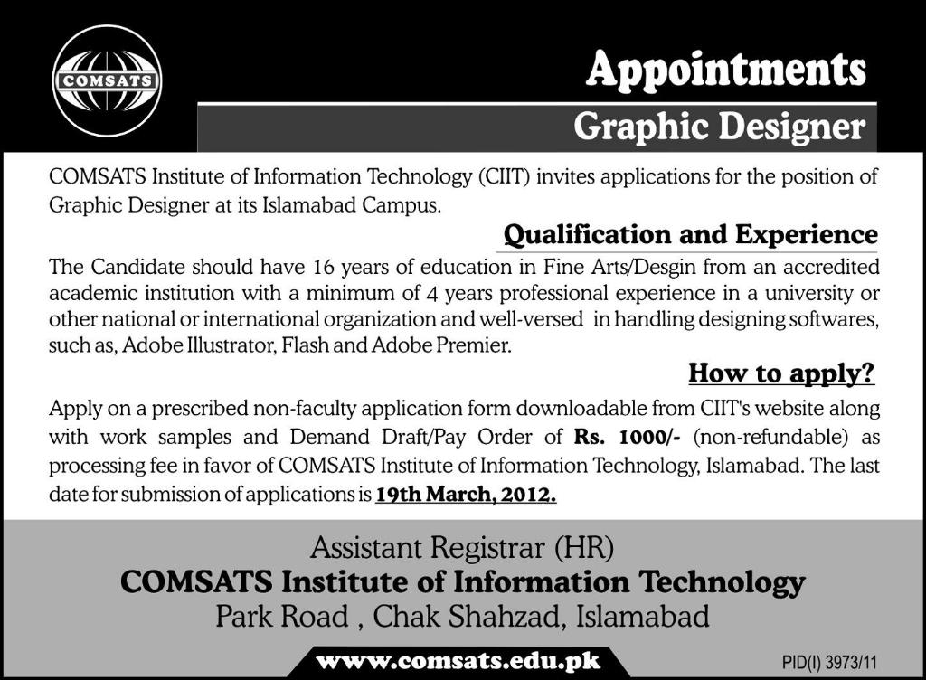 COMSATS Institute of Information Technology (CIIT) Required Graphic Designer