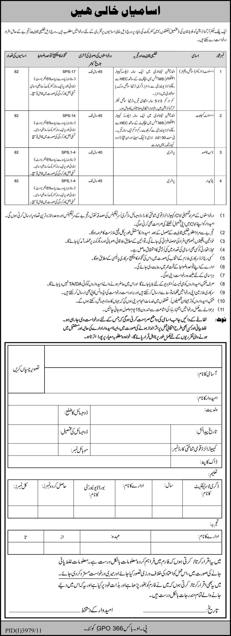 Public Sector Organization in Balochistan Required Staff