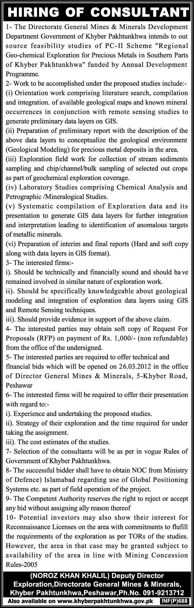 Consultant Jobs in The Directorate General Mines & Minerals Development Department Government of KPK