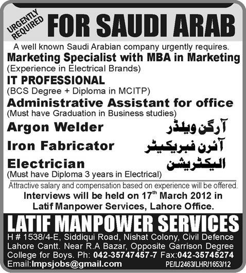 IT, Marketing and Supporting Staff Required for Saudi Arabia