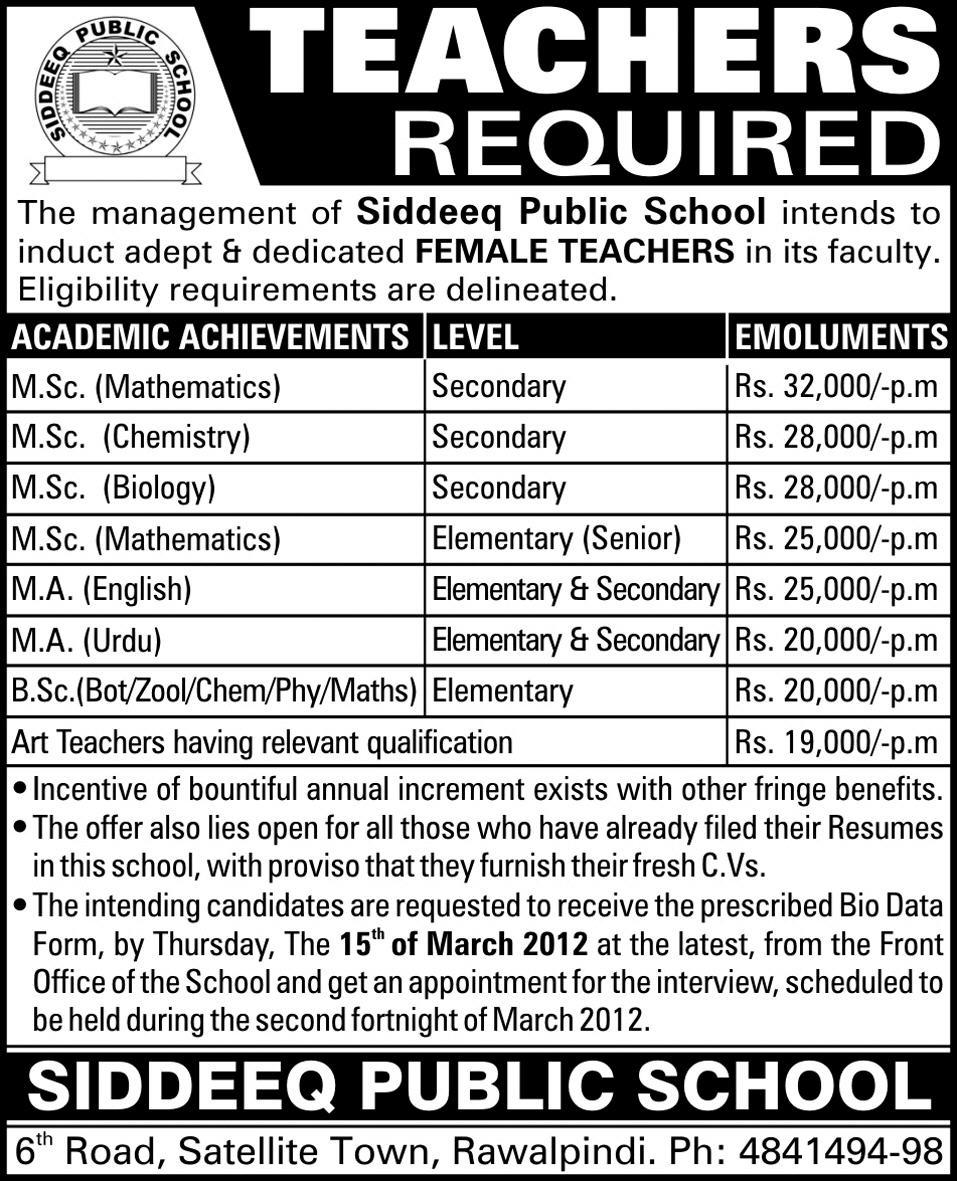 Siddeeq Public School Jobs Opportunity