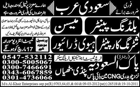 Mason, Shuttering Carpenter, Painter and Driver Jobs