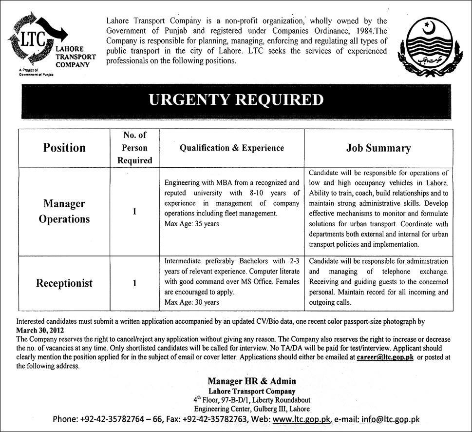Lahore Transport Company (Govt) Jobs