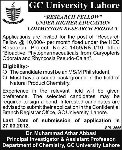 Government College University Lahore Offers Research Fellowship