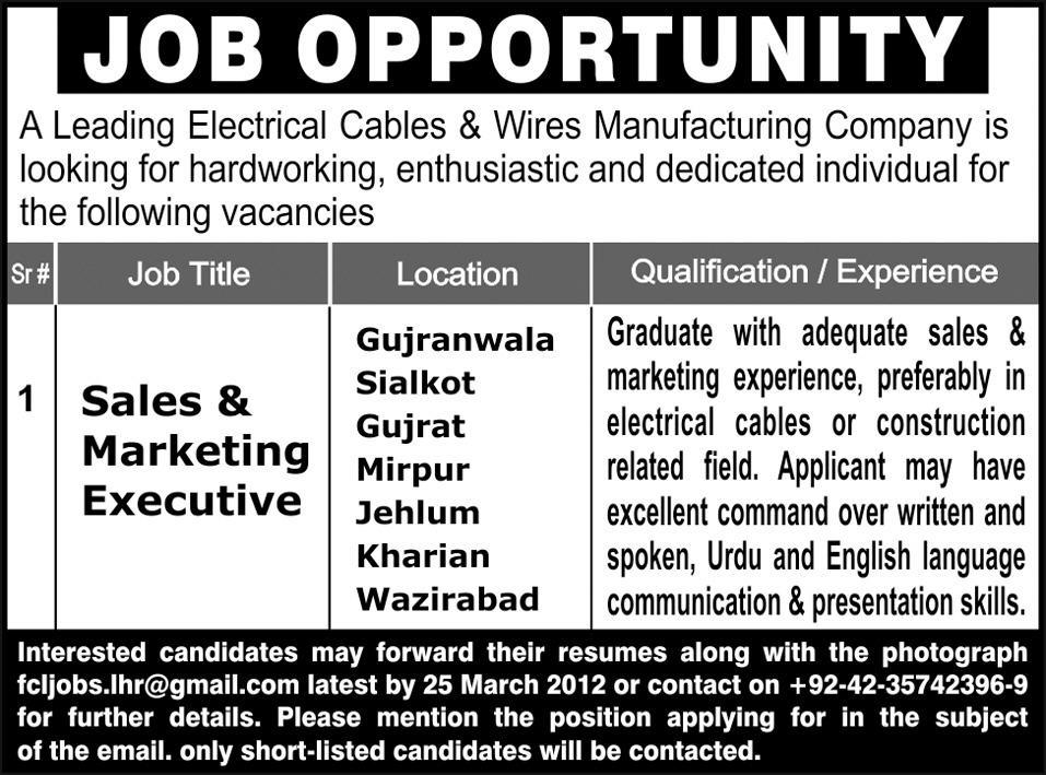 Electrical Cables & Wires Manufacturing Company Requires Sales & Marketing Executive