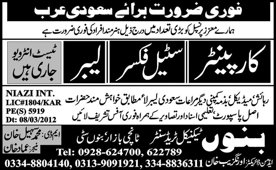 Carpenter, Steel Fixer and Labor Jobs