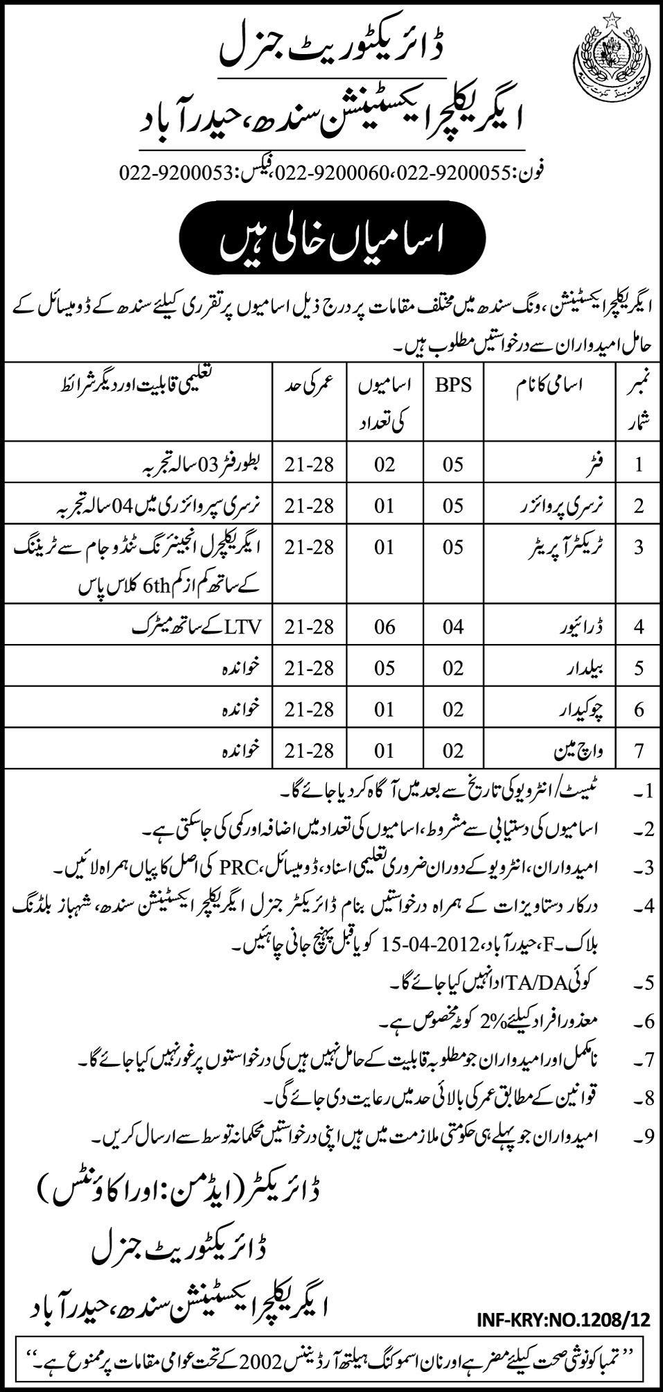 Directorate General Agriculture Extension Sindh (Govt) Jobs