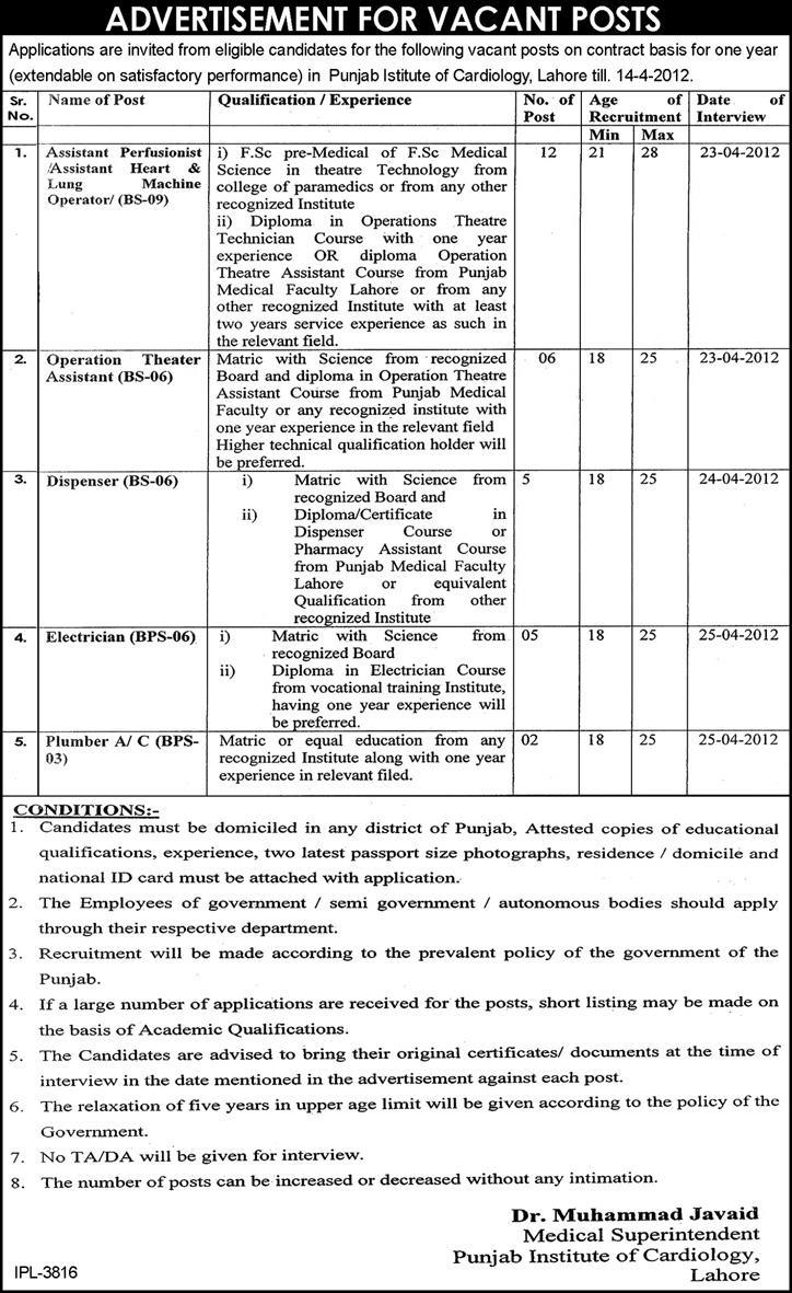 Punjab Institute of Cardiology, Lahore (Govt) Jobs