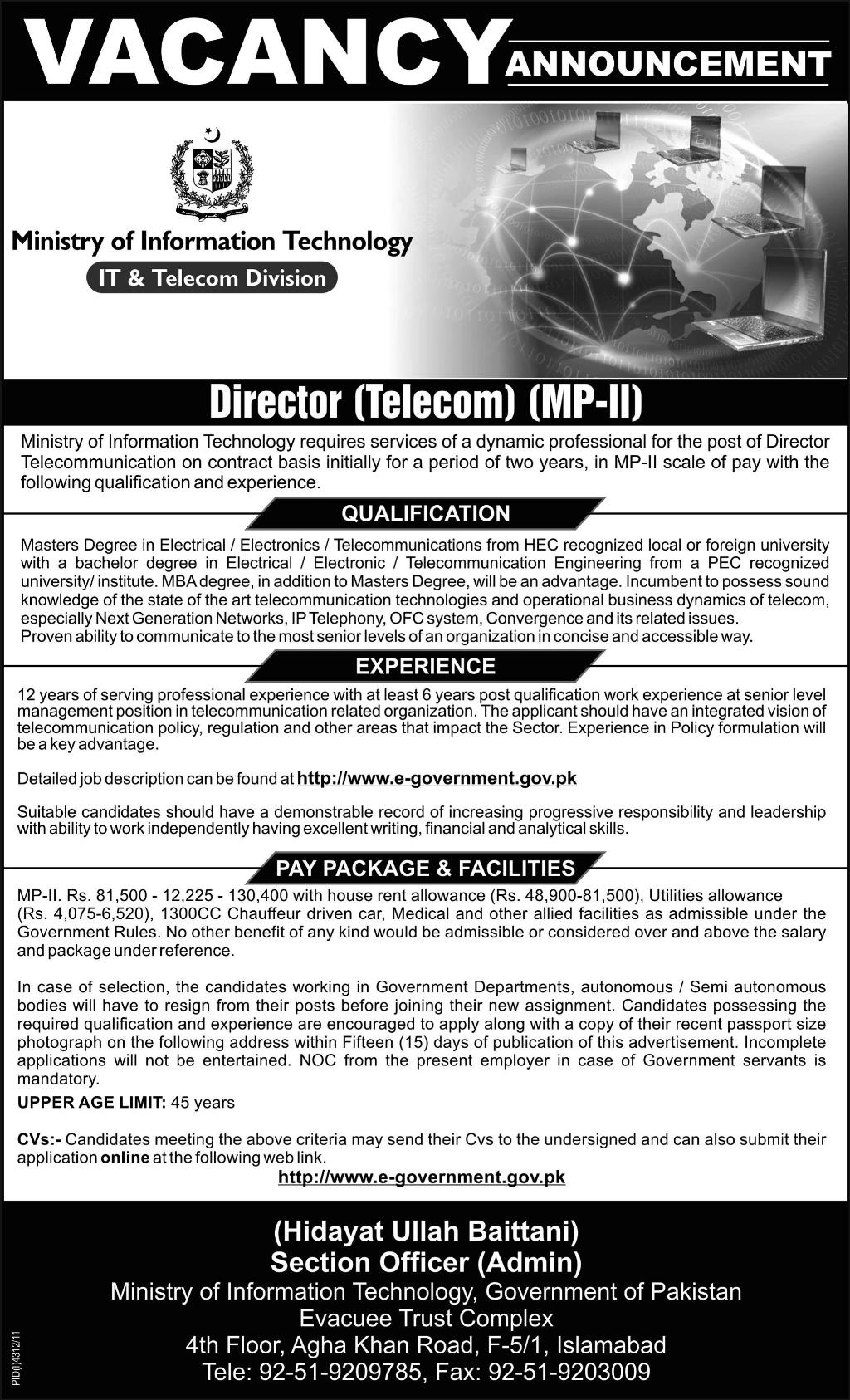 Ministry of Information Technology (Govt Jobs) Requires Director-Telecom