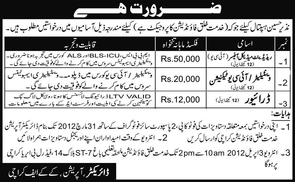 Nazir Hussain Hospital Requires Staff