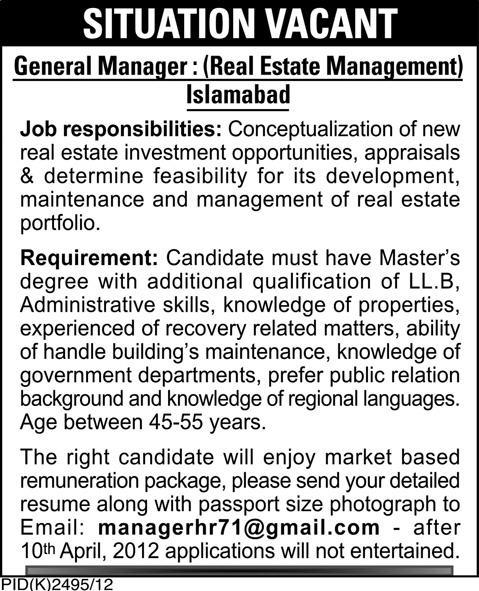 General Manager Required by Real Estate Management