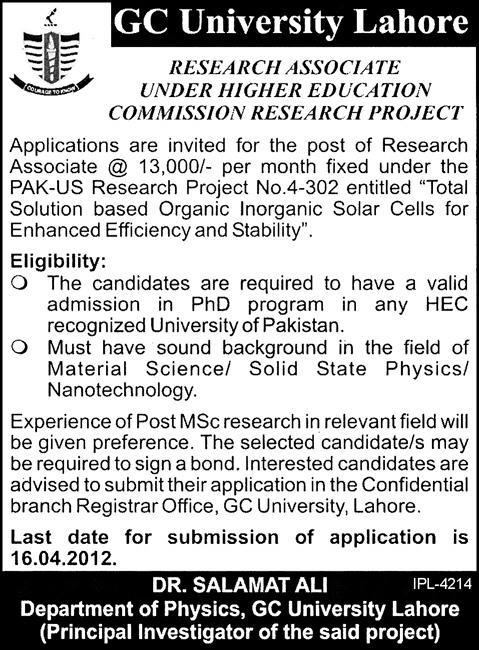 GC University Lahore (Govt. Jobs) Requires Research Associate