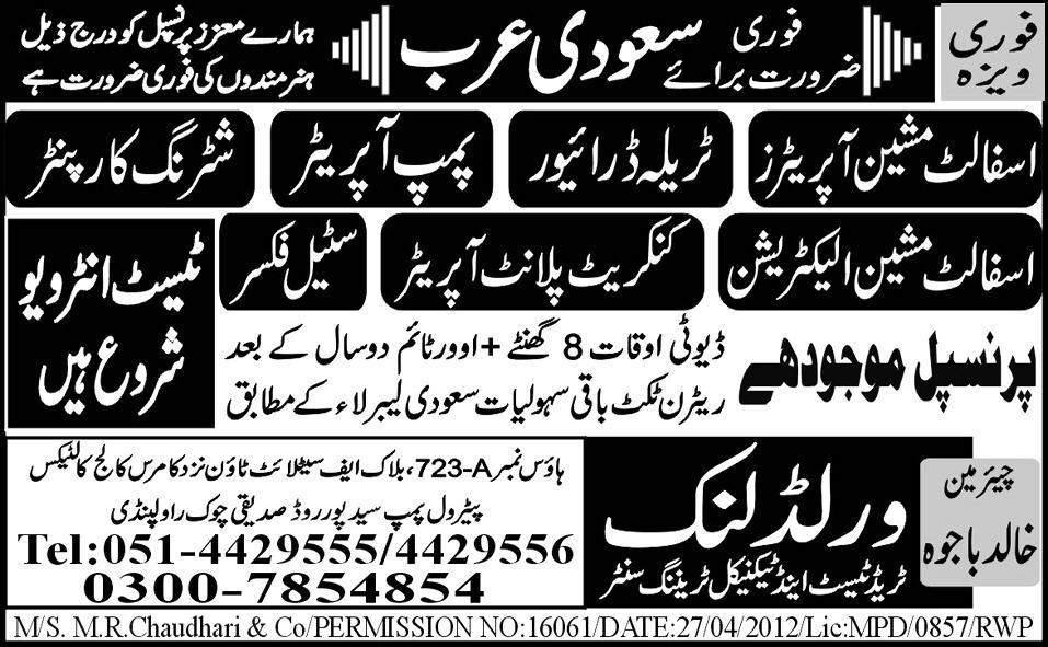 Jobs for Electricians, Operators and Carpenters in Saudi Arabia