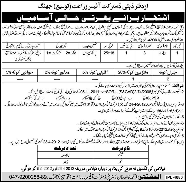 The Office of Deputy Officer Agriculture Jhang (Govt.) Jobs