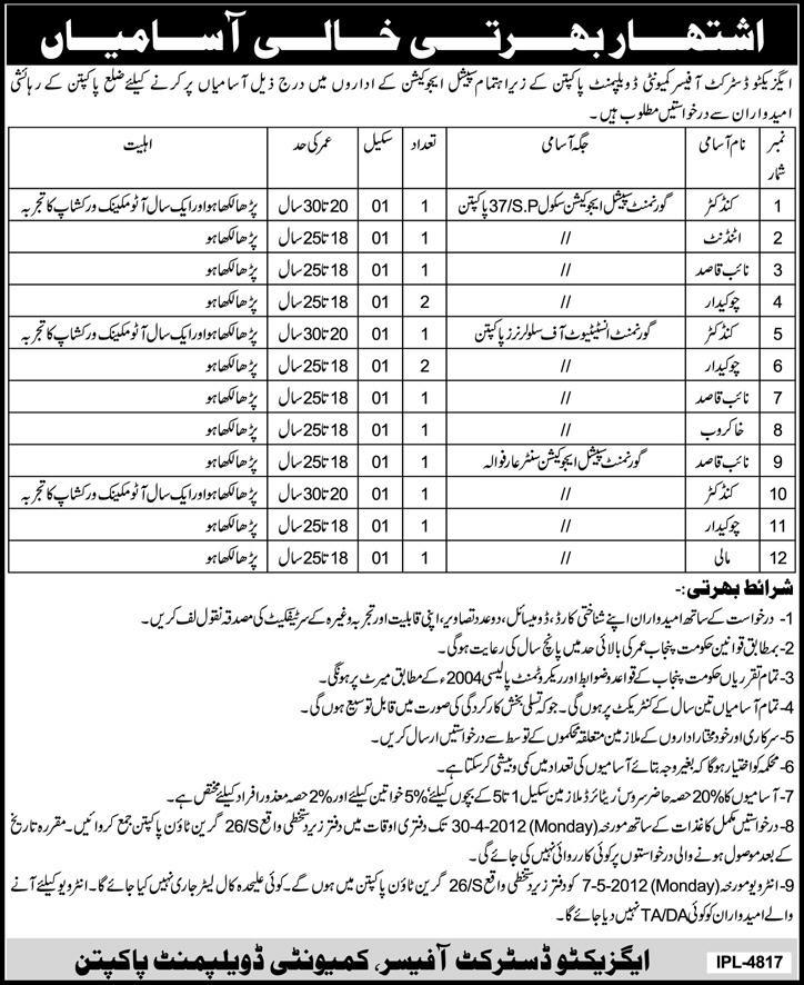 Executive District Officer Community Development Pakpattan (Govt.) Jobs Requires Staff