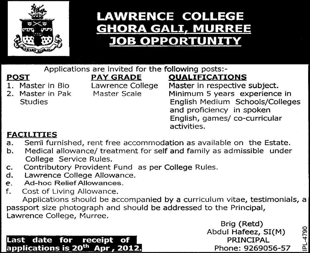 Lawrence College Ghora Gali (Govt.) Jobs