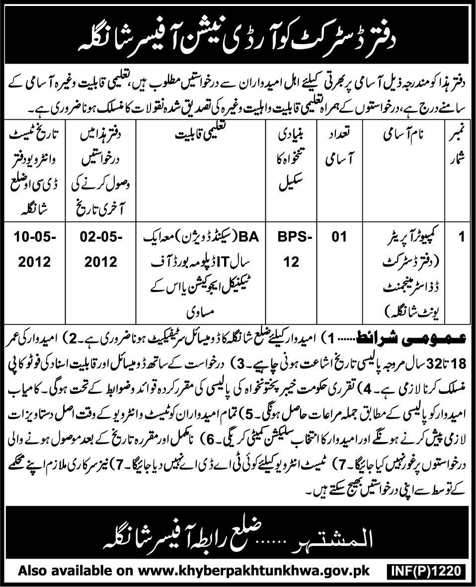 Office of DCO Shangla (Govt. Jobs) Requires Computer Operator