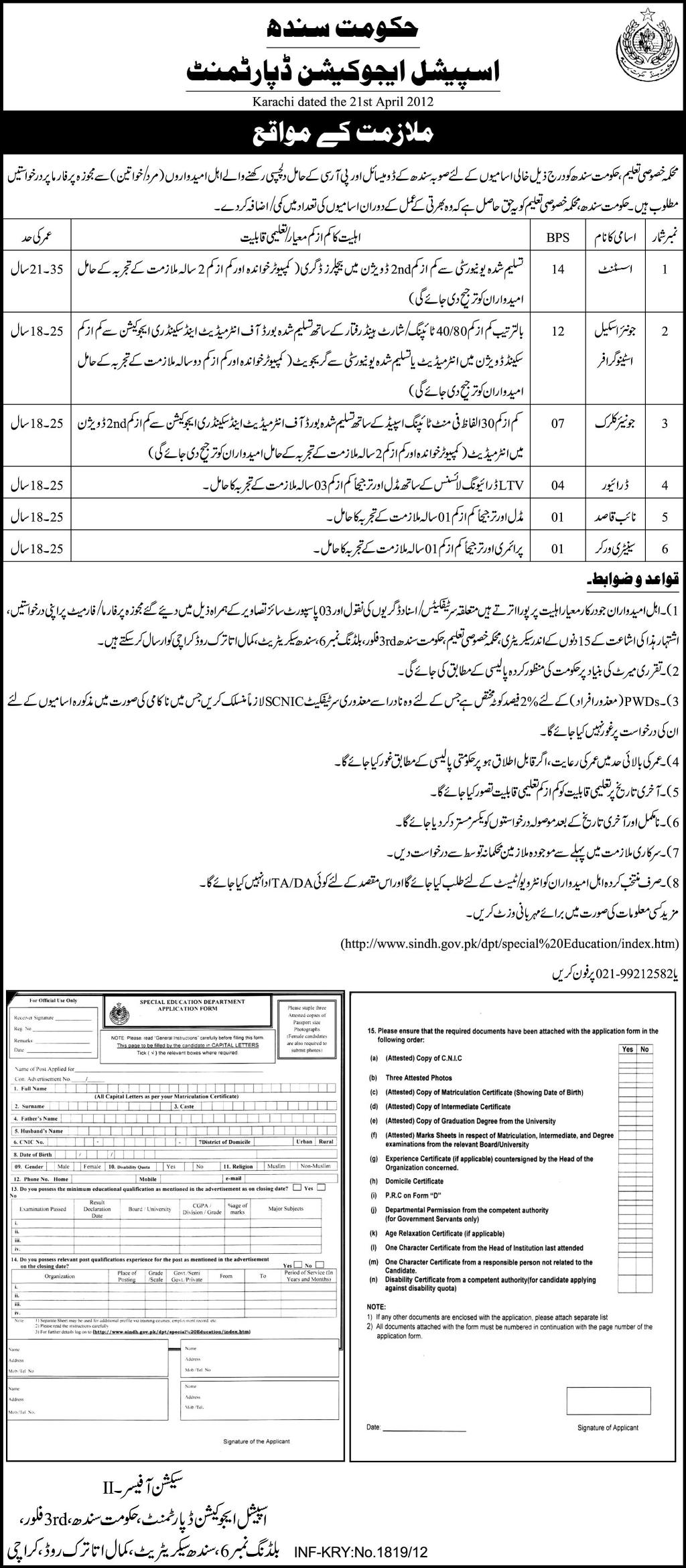 Special Education Department, Government of Sindh, Jobs