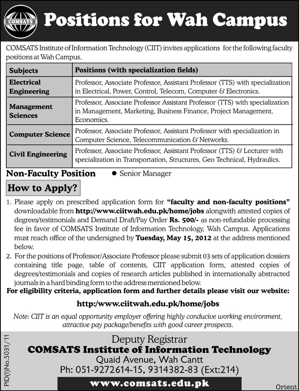 COMSATS Institute of Information Technology (CIIT) Requires Faculty