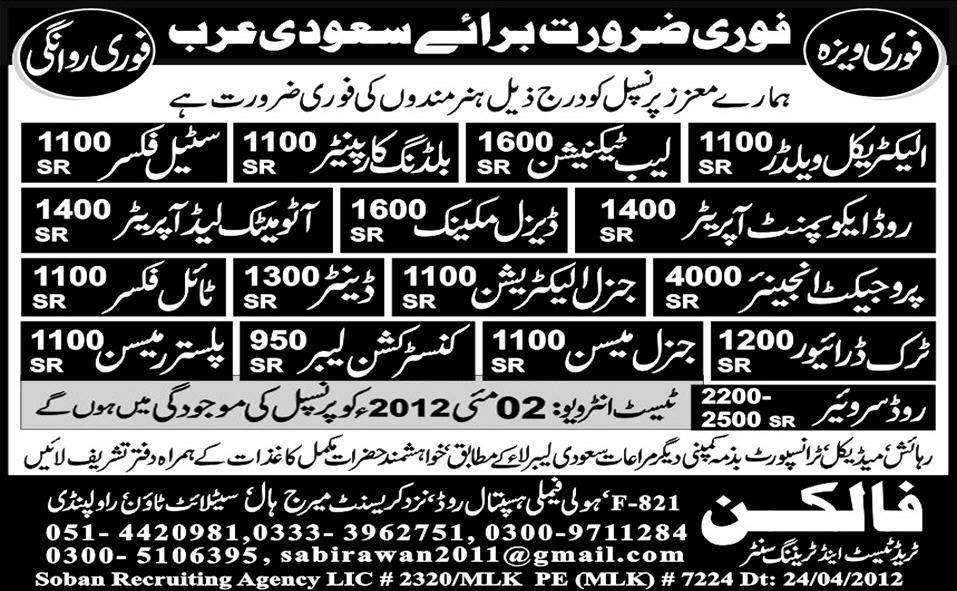 Falcon Trade Test Required Electrical Mechanics, Project Manager (PM) and Operator for Saudi Arabia