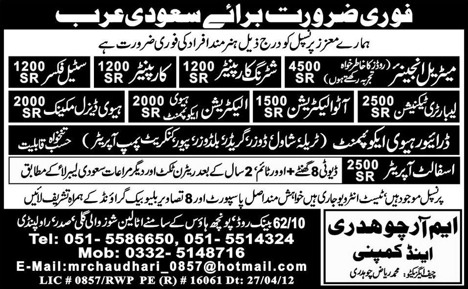 Engineer and Electricians required for Saudi Arabia