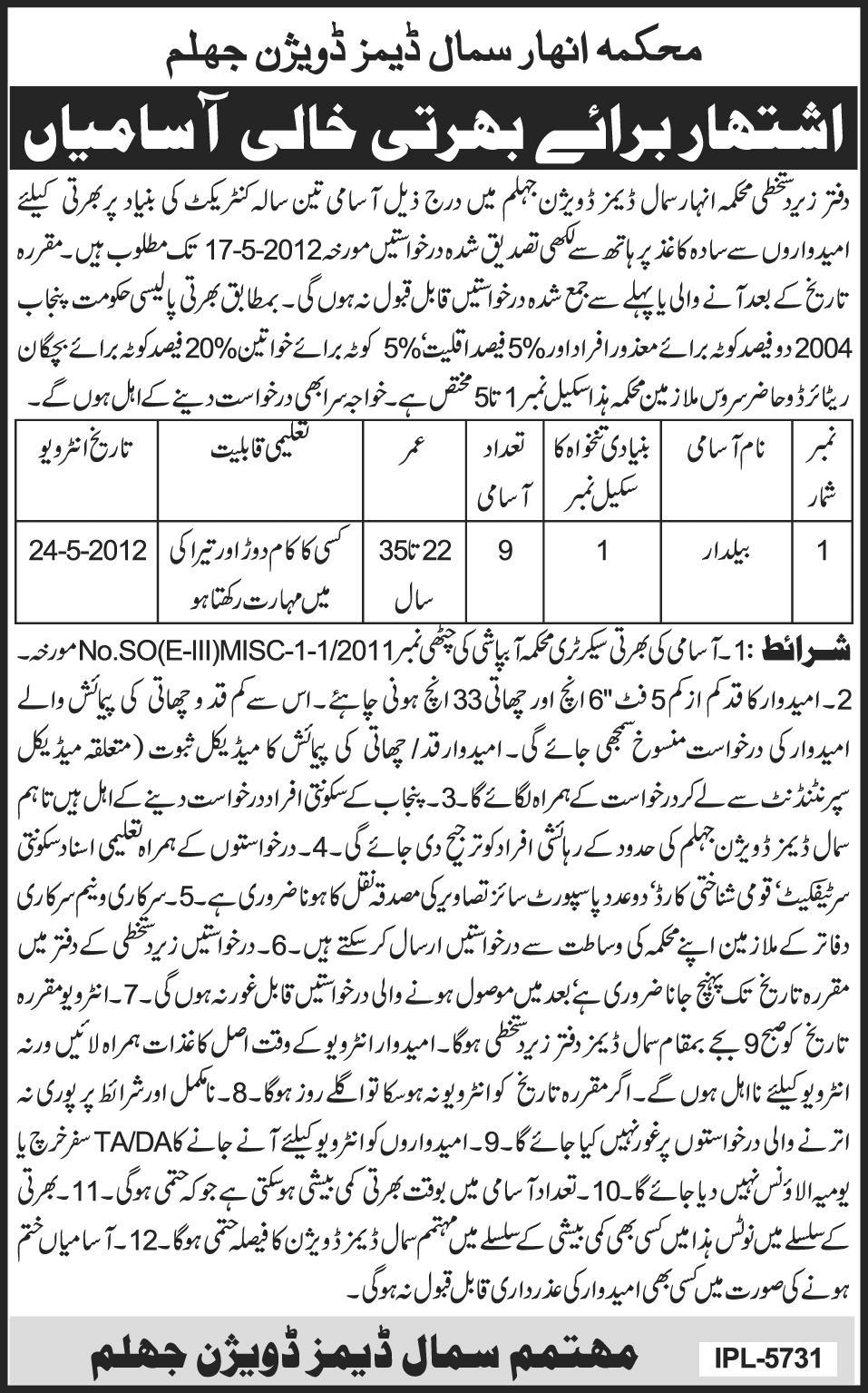 Job for Baildaar at Canal Department Small Dams Division (Govt. Job)