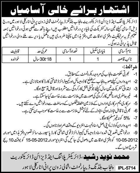 Job as Naib Qasid at Director Planning and Design Directorate Punjab (Govt. job)