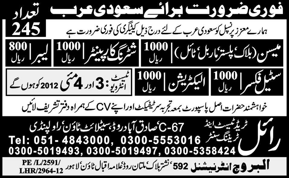 Electricians, Labours and Massons Required for Saudi Arabia by Royal Trade Test Centre