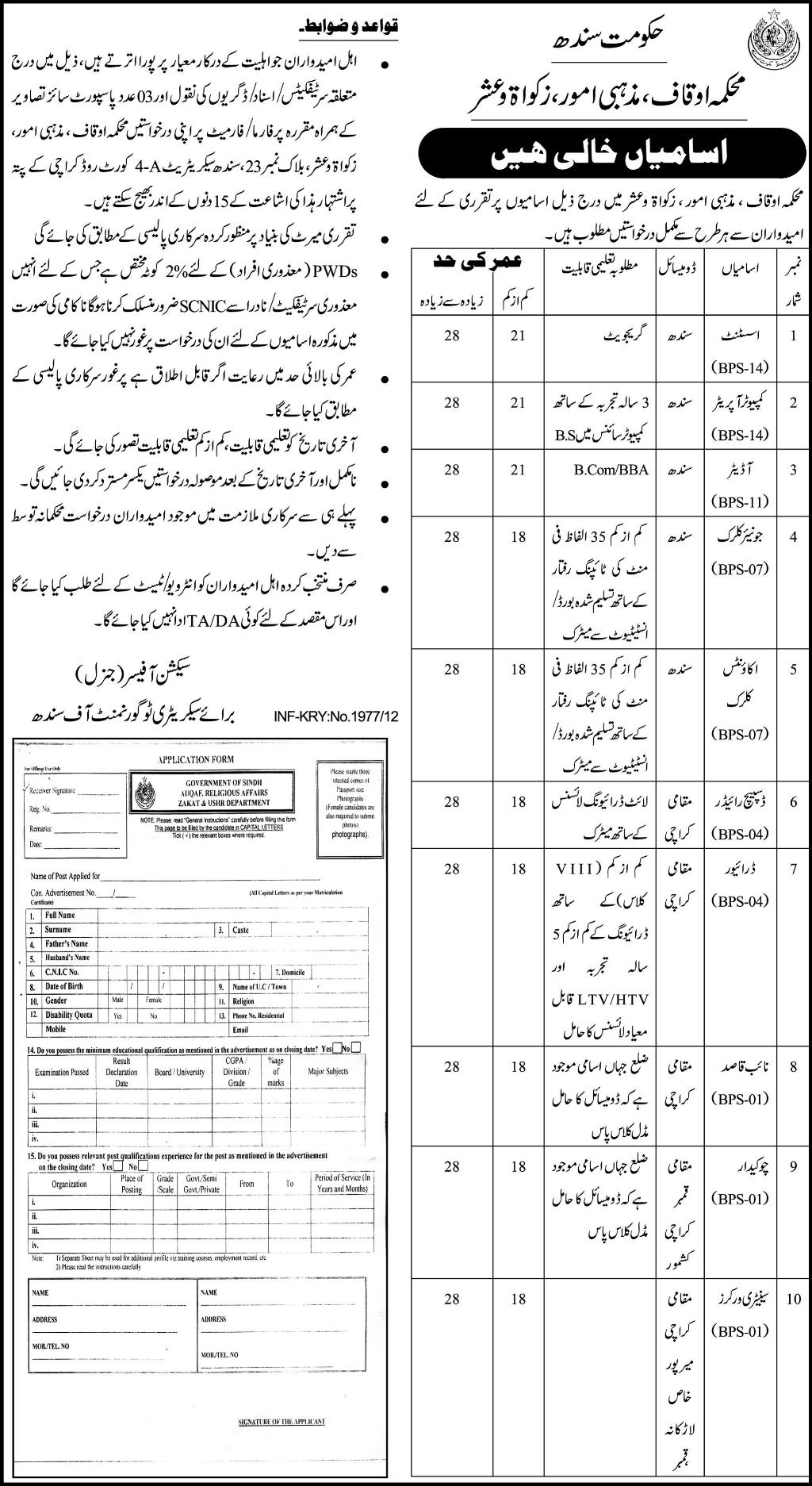 Jobs at Government of Sindh (Auqaf, Religious Affairs Zakat and Ushr Department)