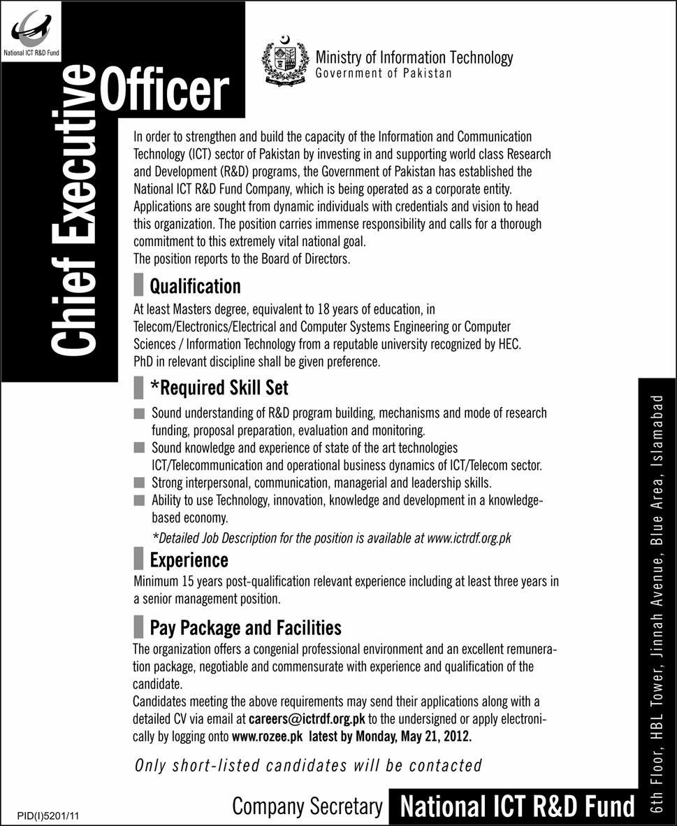 Position for Chief Executive Officer (CEO) in Ministry of Information Technology (Govt. job)