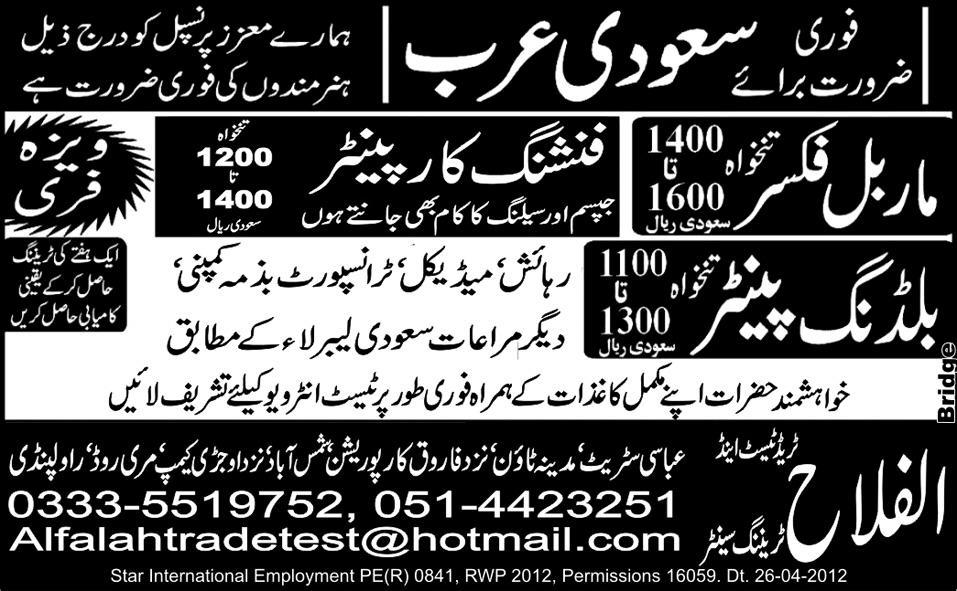 Marble Fixer and Painters Required for Saudi Arabia