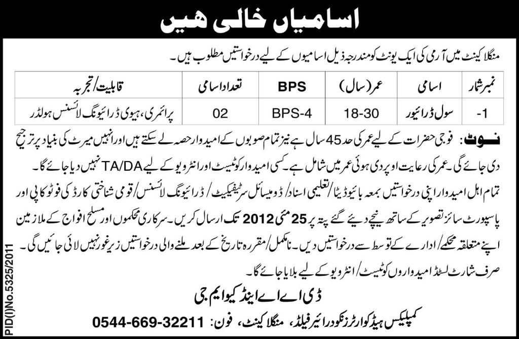 Driver Required at Mangla Cantt. (Govt. jobs)
