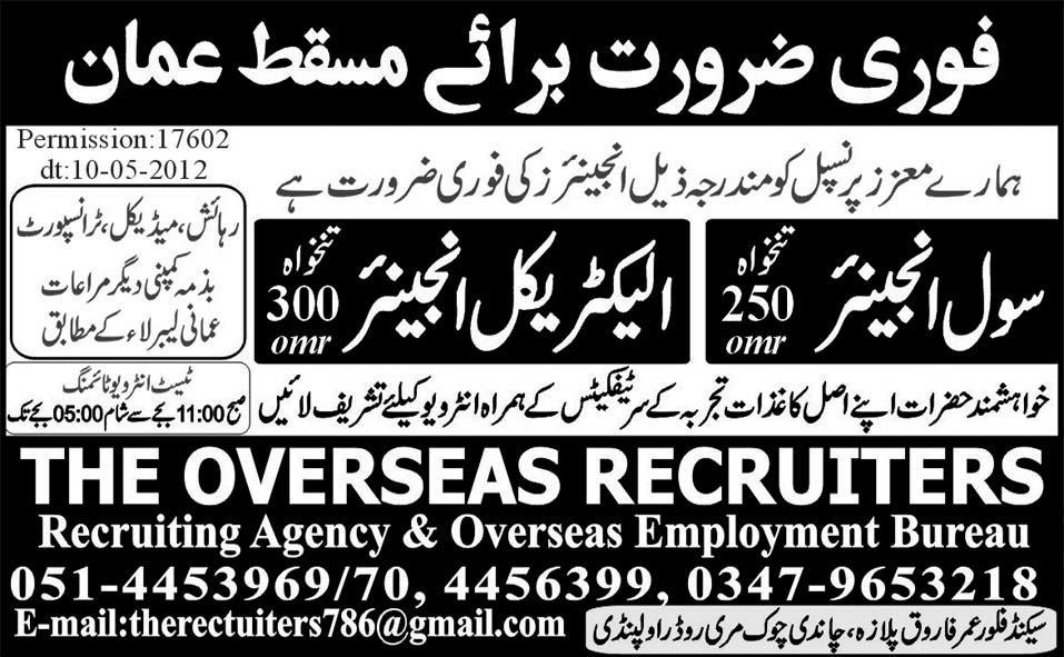 Engineers required for Masqat Oman