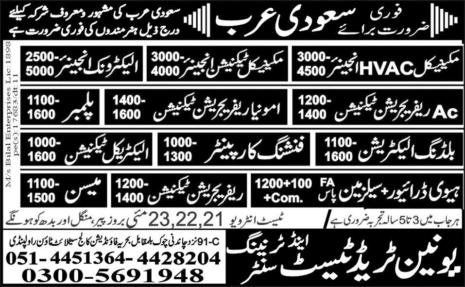 Union Trade Test and Training Centre Required Engineering and Technician Staff for Saudi Arabia