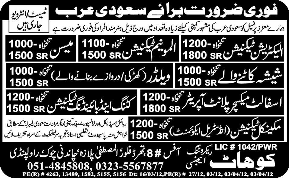 Technicians Required for Saudi Arabia