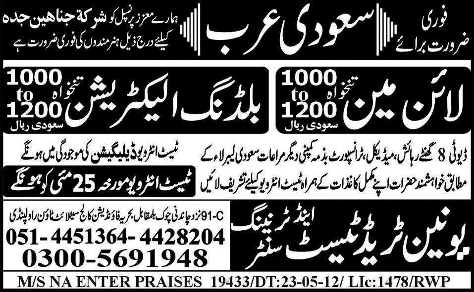 Electricians and Lineman Required by Union Trade Test & Training Centre