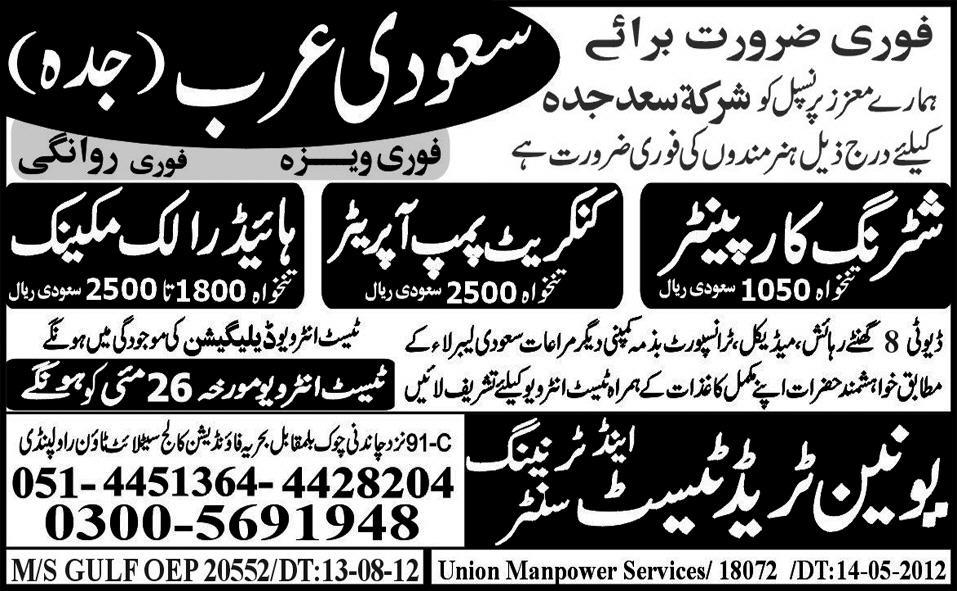 Union Trade Test & Training Centre Required Mechanics