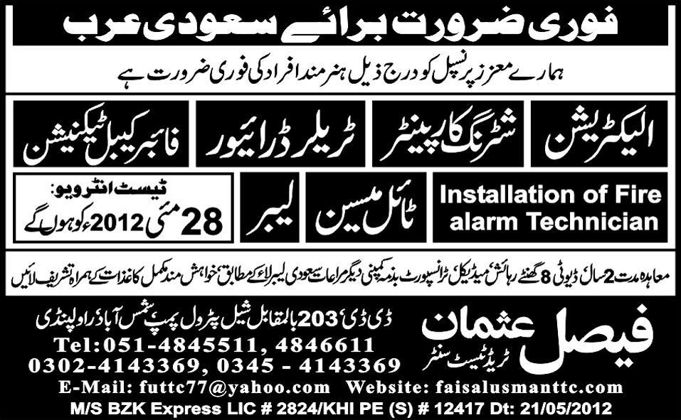 Technical Staff Required by Faisal Usman Trade Test Centre for Saudi Arabia