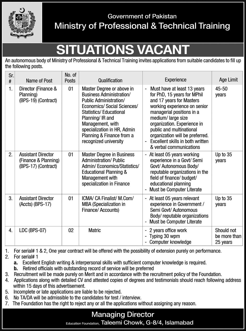 Directors Required at Ministry of Professional & Technical Training (Govt. job)