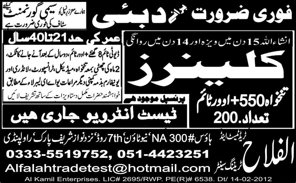 Al-Falah Trade Test and Training Centre Required Cleaners