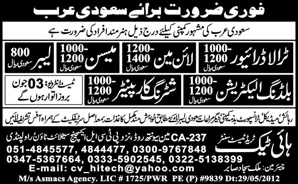 Electricians and Carpenter Required by High Tech Trade Test Centre