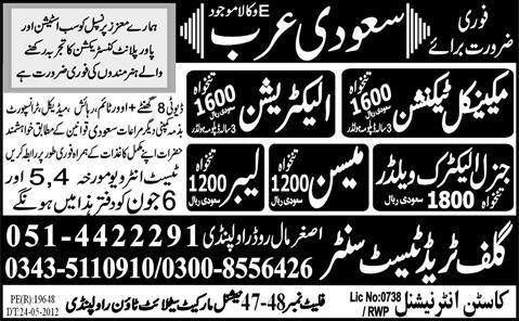 Electricians and Labours Required by Gulf Trade Test Centre