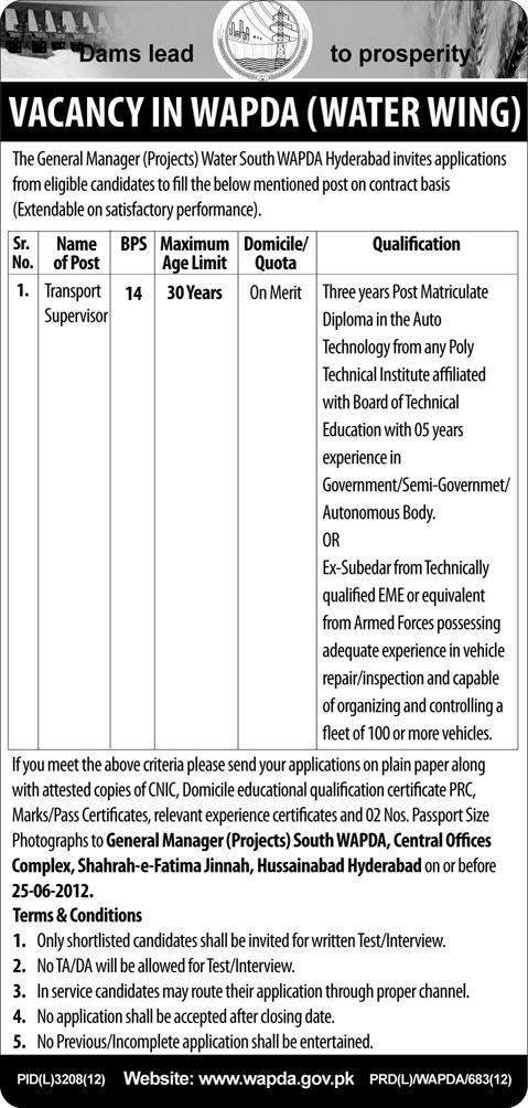 Transport Supervisor Required at WAPDA (Water Wing)