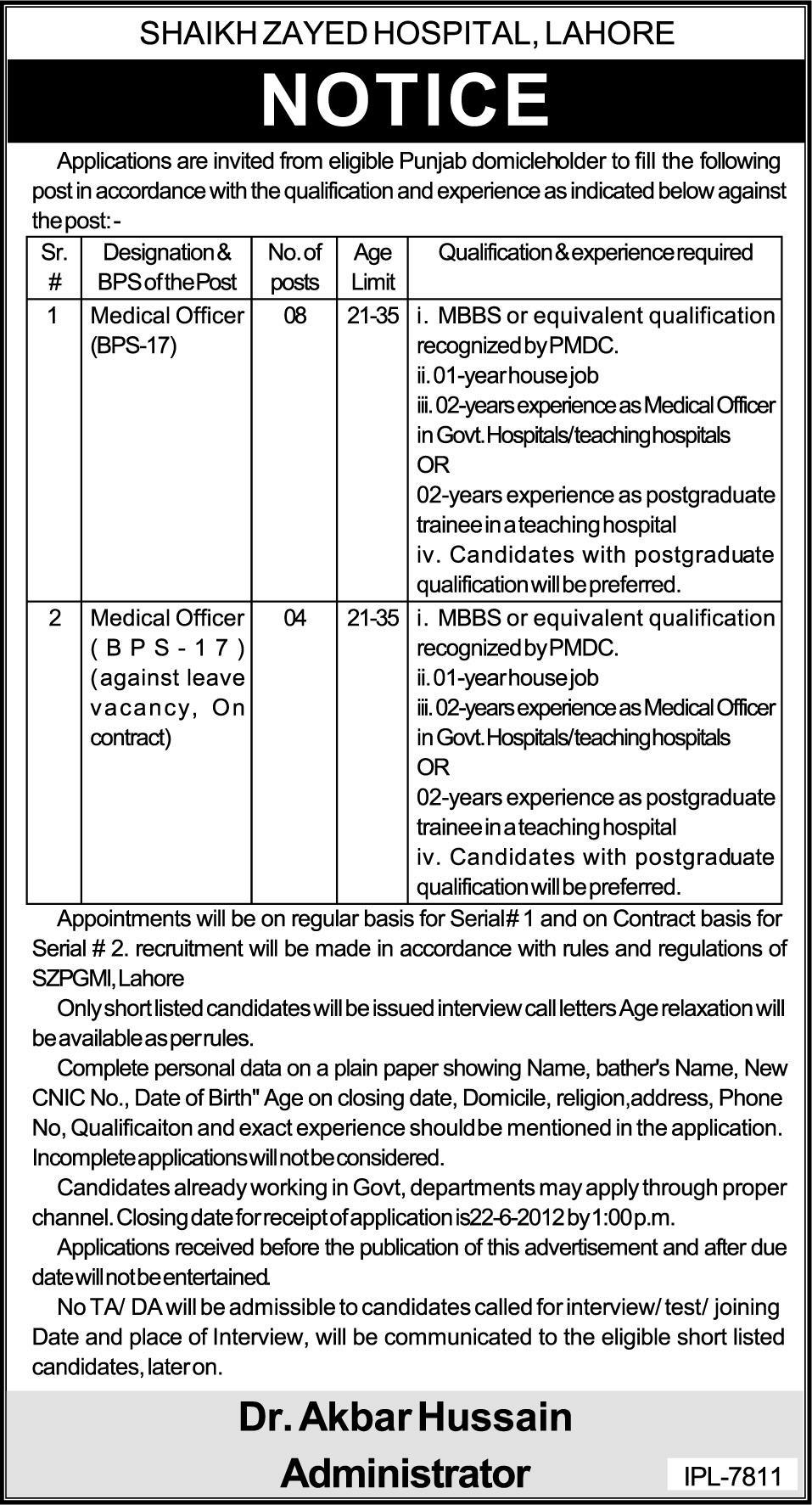Medical Officers Required at Shaikh Zyed Hospital