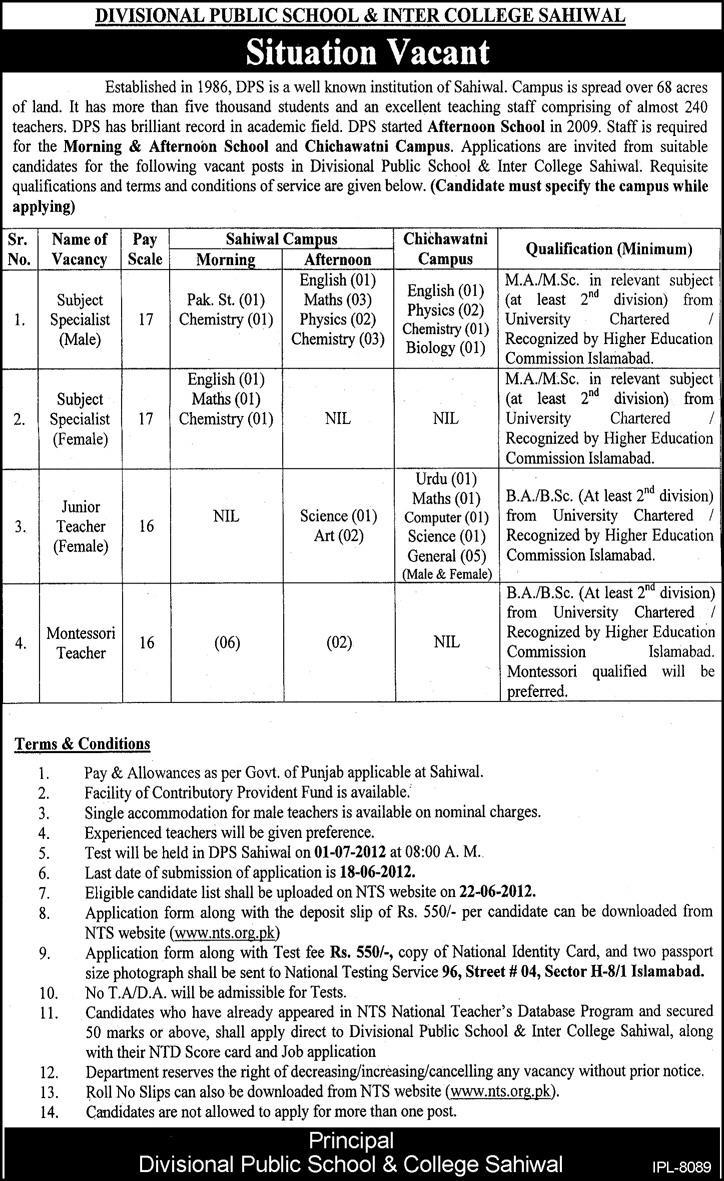 Subject Specialists and Junior Female Teachers Required at Divisional Public School & College (DPS)